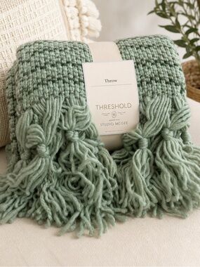 Studio McGee Mint Sage Knit Throw with Fringe